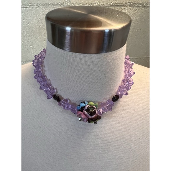 Handcrafted Artisan Purple Glass Beaded Necklace With Hand‎ blown Glass Flowers - Picture 2 of 8